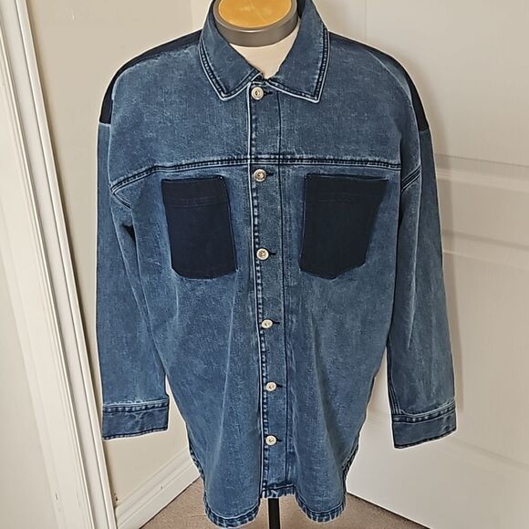 RW&CO. Men's Denim Button-Down Oversized Jean Shirt XL Dark Blue Washed - Picture 6 of 16